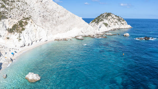 White limestone cliffs washed by the crystal clear sea at Agia Eleni beach, aerial view, Kefalonia, Ionian Islands, Greece