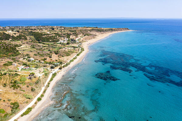 Aerial view of the idyllic Kaminia beach by the turquoise lagoon, Kefalonia, Ionian Islands, Greece