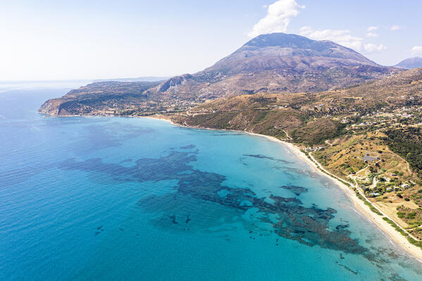 Aerial view of mountains and coastline overlooking the scenic Kaminia beach, Kefalonia, Ionian Islands, Greece
