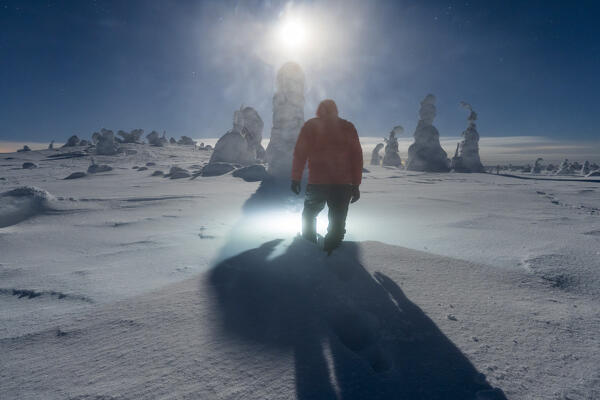 One person walking in the snow after a blizzard under the moon bright light, Riisitunturi National Park, Posio, Lapland, Finland