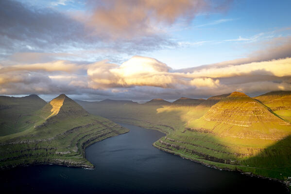 Aerial view of Funningur fjord at sunrise, Eysturoy Island, Faroe Islands