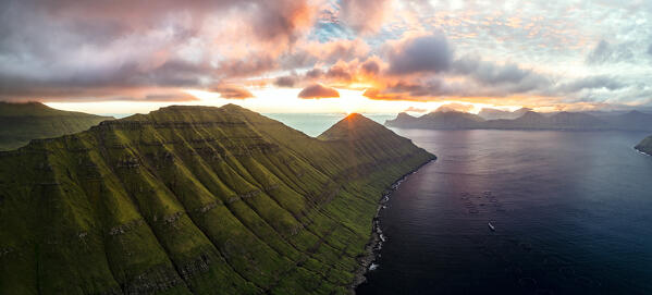 Aerial panoramic view of Kalsoy Island and Funningur fjord at sunrise, Eysturoy Island, Faroe Islands