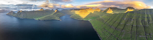 Aerial panoramic view of  Funningur fjord at sunrise, Eysturoy Island, Faroe Islands