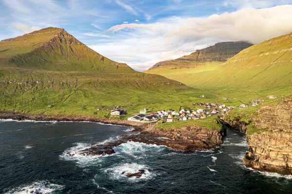 Aerial view of the coastal village of Gjogv in summer,  Eysturoy Island, Faroe Islands
