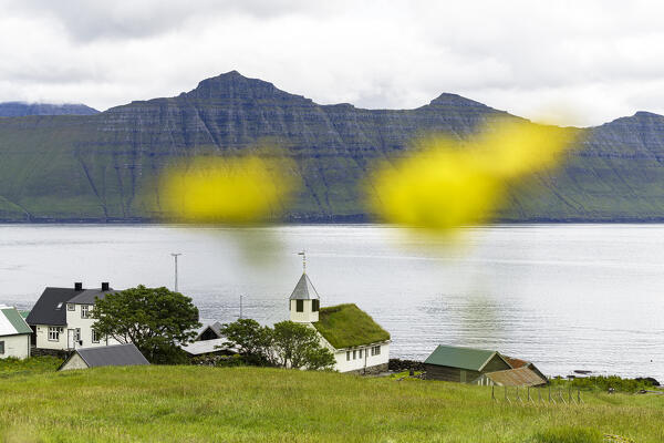 Traditional buildings overlooking the fjord in summer, Oyndarfjordur,  Eysturoy Island, Faroe Islands