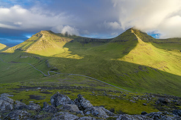 Empty footpath to Slaettaratindur peak, highest mountain of Faroe Islands, Eysturoy Island Denmark
