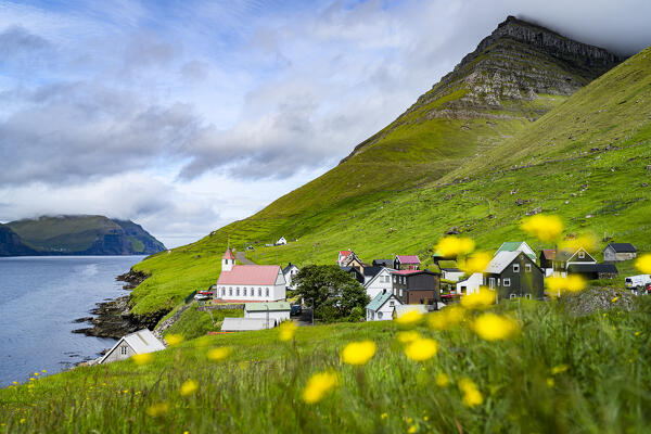 Coastal village of Kunoy surrounded by flowering meadows in summer, Kunoy Island, Faroe Islands