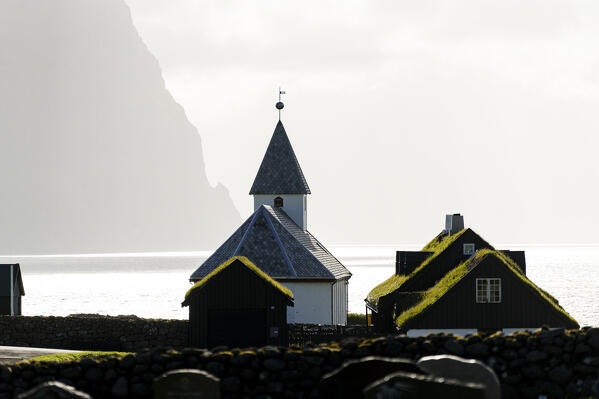 Grass roof houses and old church of Vidareidi, Vidoy Island, Faroe Islands