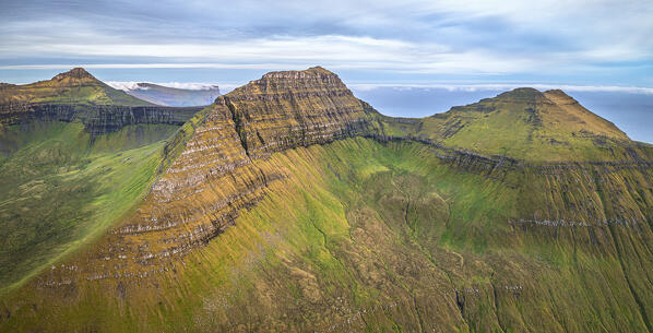 Aerial view of Slaettaratindur peak, highest mountain of Faroe Islands, Eysturoy Island Denmark