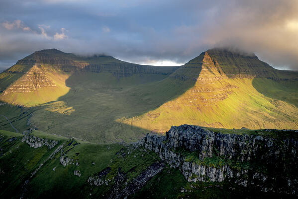 Sunrise over Slaettaratindur peak, highest mountain of Faroe Islands, Eysturoy Island Denmark