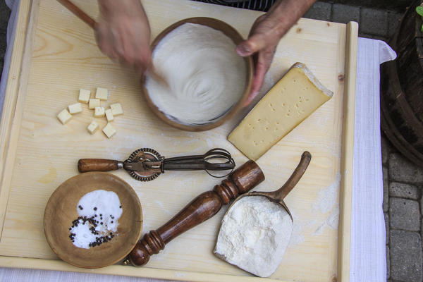 Preparation of the dough for the production of Pizzoccheri.  Lombardy. Italy. Europe