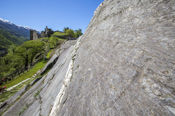 Rupe Magna polished rock by glaciers and then carved by the ancient peoples of the area. Grosio. Province of Sondrio. Valtellina. Lombardy. Italy. Europe