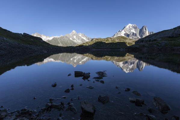 Mont Blanc range seen from Lac de Chesery Aiguille Vert. Haute Savoie. France
