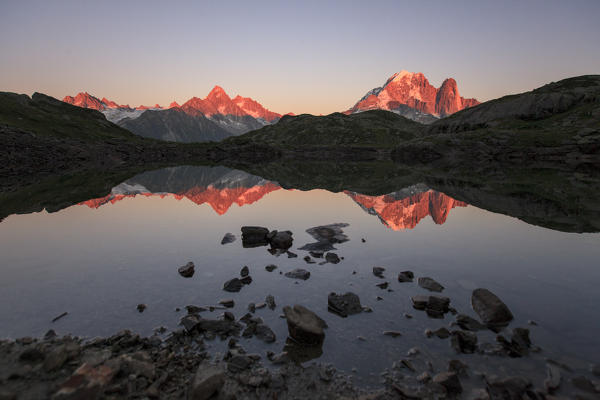 Mont Blanc reflect at sunset on Lac de Chesery. Haute Savoie France