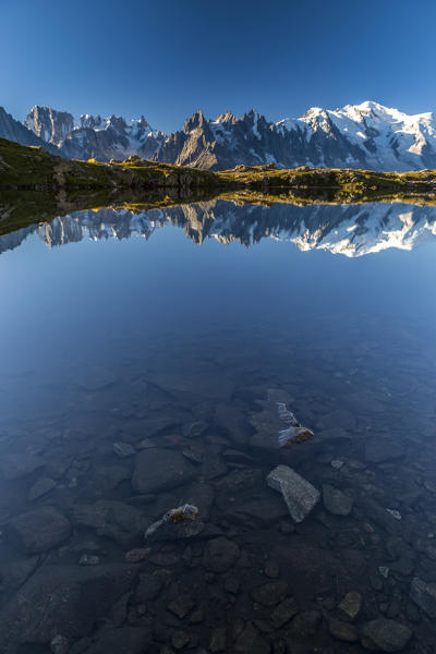 Mont Blanc reflect at sunrise on Lac de Chesery. Haute Savoie France