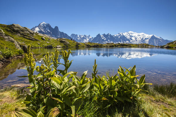The Mont Blanc mountain range reflected in the waters of Lac de Chesery. Haute Savoie France