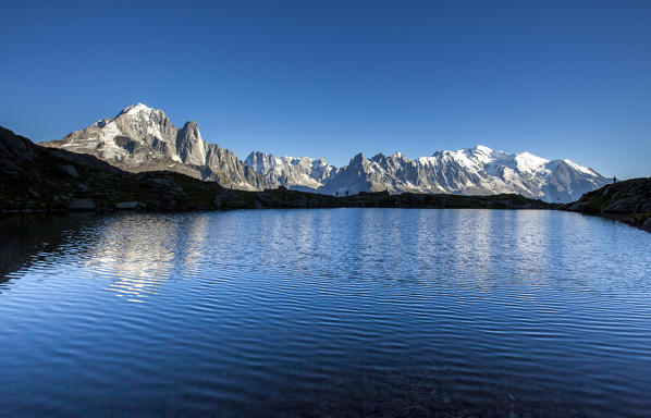 Mont Blanc range seen from Lac de Chesery. Haute Savoie. France