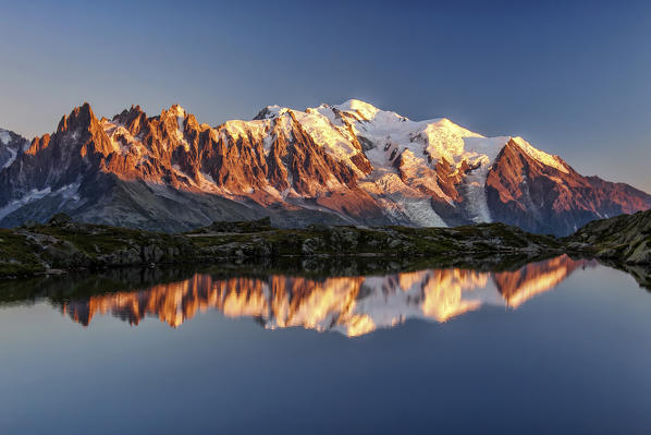 Reflection at Sunset. Lac de Chesery. Mont Blanc. Haute Savoie France