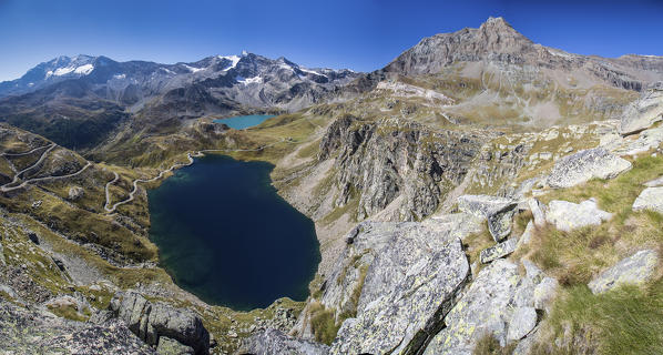 Panoramic view of lake Agnel and lake Serru. Hill of Nivolet. Alpi Graie. Ceresole Reale. Piedmont