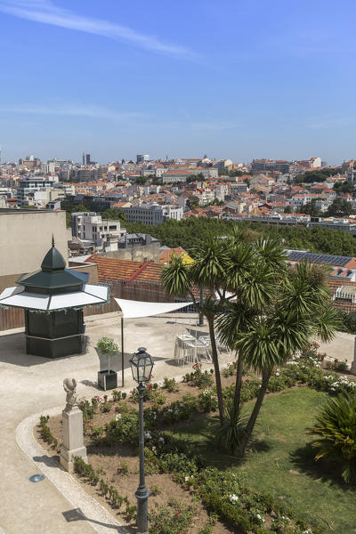 View of the city from a the terrace at the viewpoint of Mirador de San Pedro de Alcántara Bairro Alto Lisbon Portugal Europe
