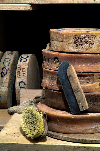Old tools used to clean the Bitto cheese in a cellar in Val Gerola, Valtellina, Lombardy Italy Europe