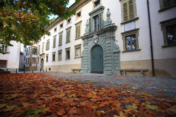 Palazzo Salis in Tirano is one of the most important palazzi in Valtellina. The basic structure consists of a façade from late 1500s, flanked by two towers, with a central baroque portal designed by Vignola, the great Italian Mannerist architect - Tirano, Valtellina, Lombardy Italy Europe