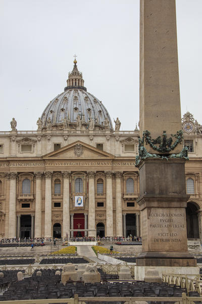 A view at the obelisk and dome of the Basilica di San Pietro in Vaticano symbol of  Catholic religion Rome Lazio Italy Europe