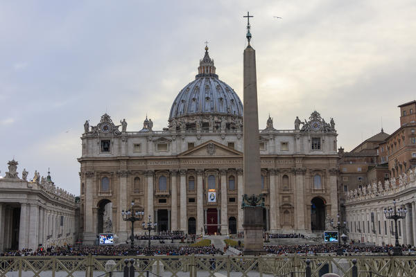 A view at the obelisk and facade of the Basilica di San Pietro in Vaticano symbol of  Catholic religion Rome Lazio Italy Europe