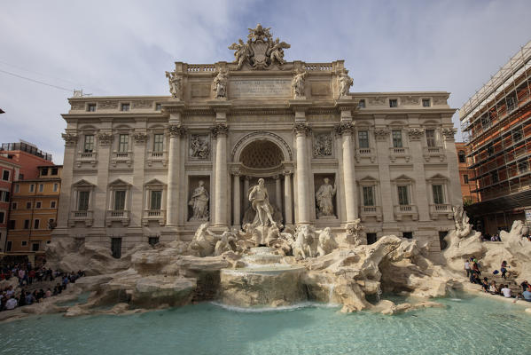 View of the Baroque Trevi Fountain decorated with statues and Corinthian pilasters Rome Lazio Italy Europe