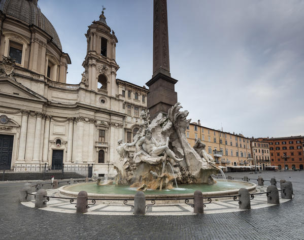 Panorama of Piazza Navona with Fountain of the Four Rivers and the Egyptian obelisk in the middle Rome Lazio Italy Europe