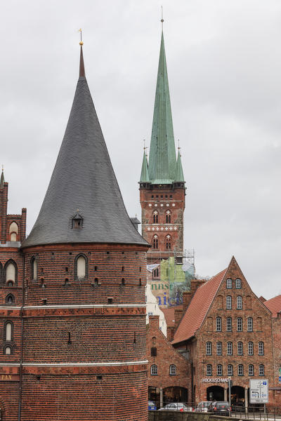 The historical gothic building of Holstentor the city gate for the old town Lübeck Schleswig Holstein  Germany Europe