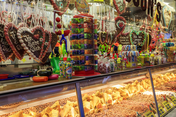 Local sweets and candies in a decorated stand of the Christmas market Lübeck Schleswig Holstein Germany Europe