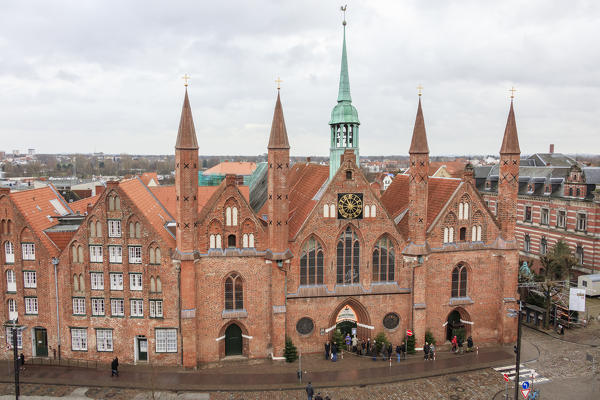 The gothic architecture of the facade of the cathedral with the typical bell tower Lübeck Schleswig Holstein Germany Europe