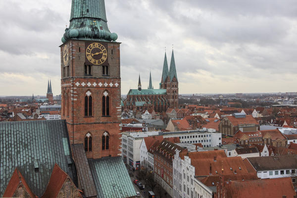 The gothic architecture of the medieval city and church with the typical bell tower Lübeck Schleswig Holstein Germany Europe