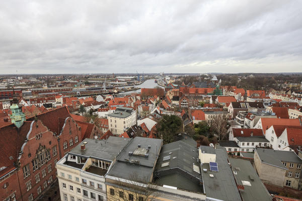 Top view of the medieval city mainly built with gothic architecture Lübeck Schleswig Holstein Germany Europe