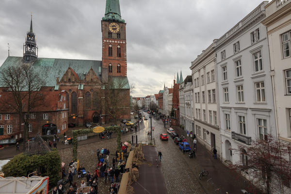 The gothic architecture of the medieval church with the typical bell tower Lübeck Schleswig Holstein Germany Europe