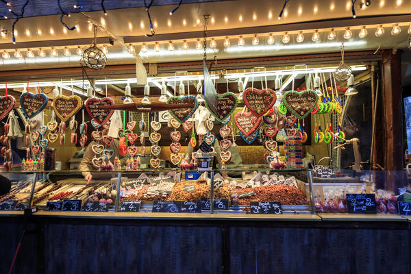 Local sweets and candies in a decorated stand of the Christmas market Lübeck Schleswig Holstein Germany Europe