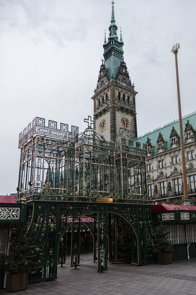 Christmas market and decorations with the bell tower in the background Rathaus Altstadt quarter Hamburg Germany Europe