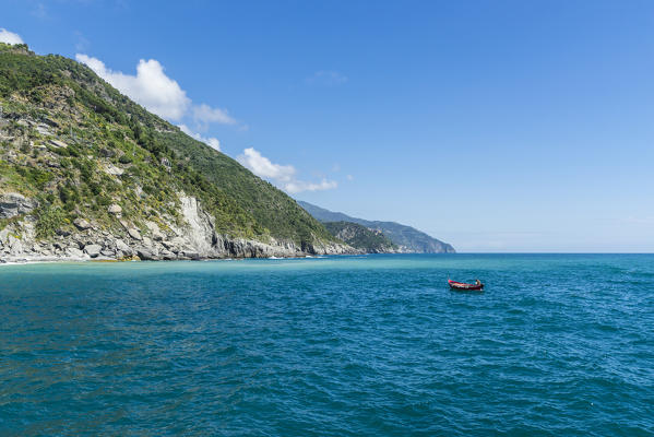 Sailing in the turquoise sea along the coast of Cinque Terre National Park province of La Spezia Liguria Italy Europe