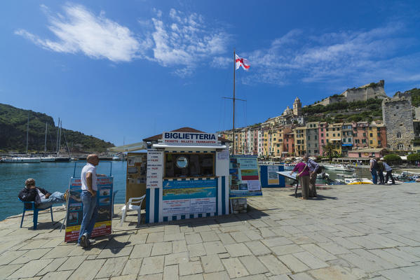 Ticket office for boat trips along the promenade of the picturesque village Portovenere La Spezia province Liguria Italy Europe