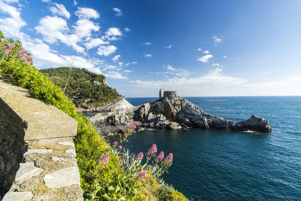 Flowers and blue sea frame the old castle and church on the promontory Portovenere province of La Spezia Liguria Italy Europe