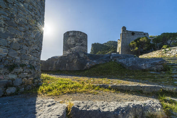 Blue sky on the old ruins and church perched on the promontory Portovenere province of La Spezia Liguria Italy Europe