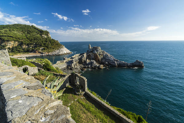 Top view of the old castle and  church perched on the promontory Portovenere province of La Spezia Liguria Italy Europe