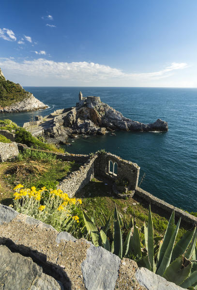 Flowers and blue sea frame the old castle and church on the promontory Portovenere province of La Spezia Liguria Italy Europe