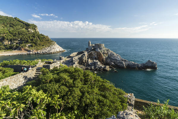 Top view of the old castle and  church perched on the promontory Portovenere province of La Spezia Liguria Italy Europe