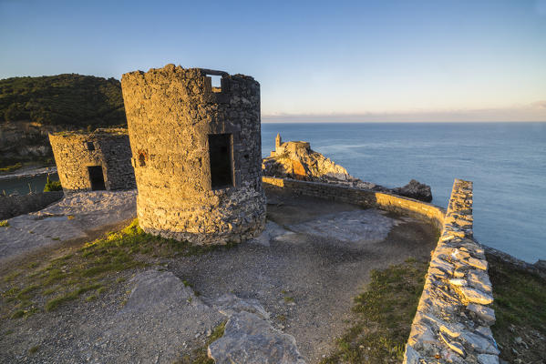 Sunrise on the old ruins and church perched on the promontory Portovenere province of La Spezia Liguria Italy Europe