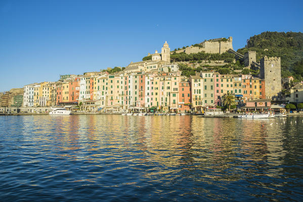 The blue sea frames the typical colored houses of Portovenere La Spezia province Liguria Italy Europe