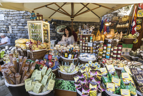Gourmet products and typical food in the shops of the old alleys of Portovenere La Spezia province Liguria Italy Europe