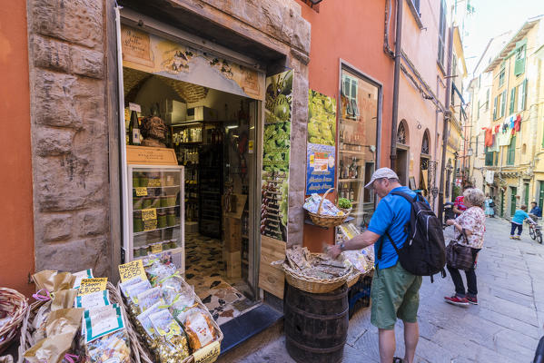 Gourmet products and typical food in the shops of the old alleys of Portovenere La Spezia province Liguria Italy Europe