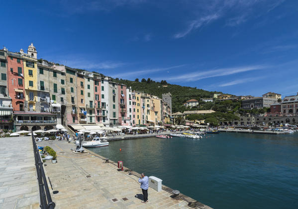 The blue sea frames the typical colored houses of Portovenere La Spezia province Liguria Italy Europe